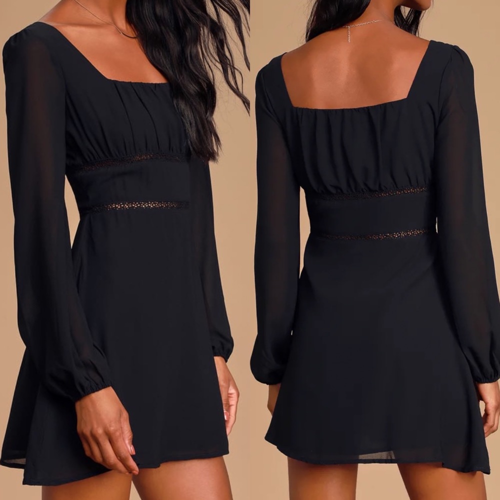 Lulu’s Loving Memories Black Sheer Long Sleeve Crochet Lace Skater Mini Dress L